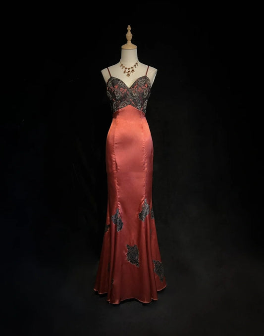 Vintage Prom Dresses Mermaid Spaghetti Strap Dusty Orange Sleeveless 1980s Long Formal Gown N2868