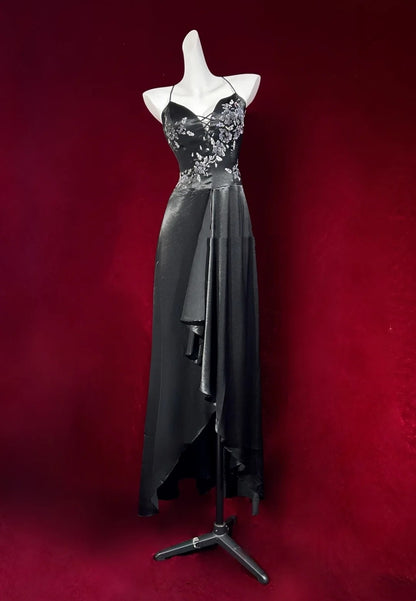 Vintage Prom Dresses A Line Halter Black Satin 2000s Long Party Evening Formal Gown RC1145