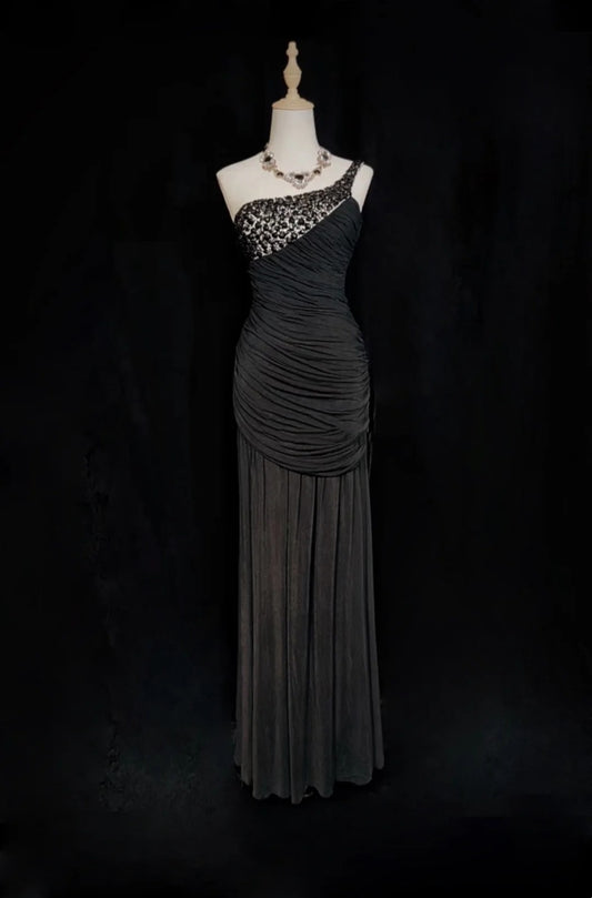 Vintage Prom Dresses Mermaid One Shoulder Black Tie Dress Chiffon 70s With Beading Backless Long Formal Gown N2522