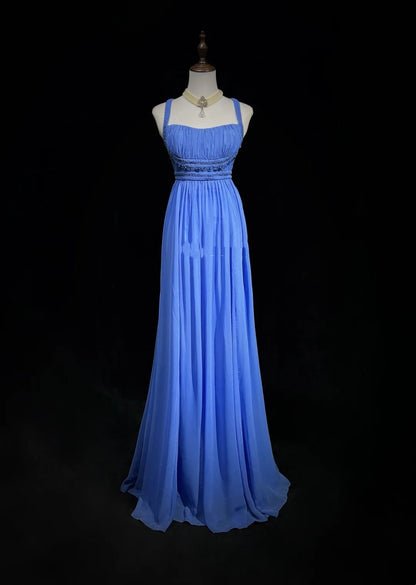Vintage Prom Dresses A Line Spaghetti Strap Blue Chiffon With Beading Long Formal Dress N2446
