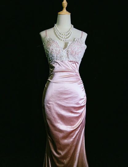 Vintage Prom Dresses Inspo Mermaid Spaghetti Strap Pink Satin With Ruffled White Lace For Women Formal Dress N3249