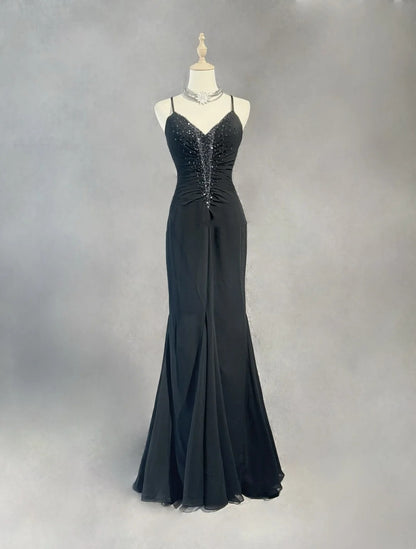 Vintage Prom Dresses Mermaid Spaghetti Strap Black Tie Dress Chiffon 70s With Beading Backless Long Formal Gown N2520