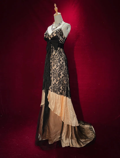 Modest Prom Dresses A line Spaghetti Strap Black Lace With Ruffled Long Evening Outfits N3438