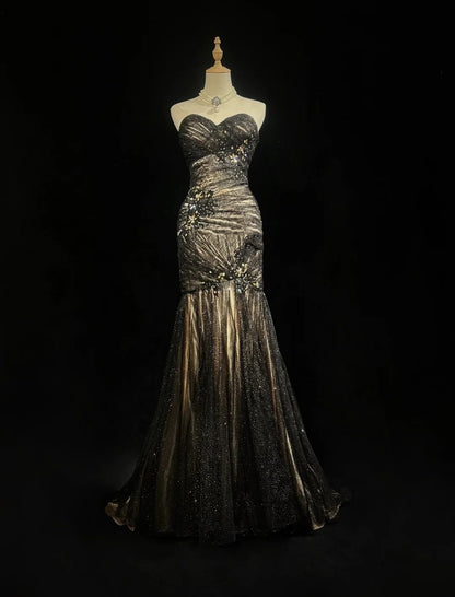 Charming Prom Dresses Mermaid Sweetheart Tulle Black Tie Dress With Beaded Long Formal Evening Outfits N3701