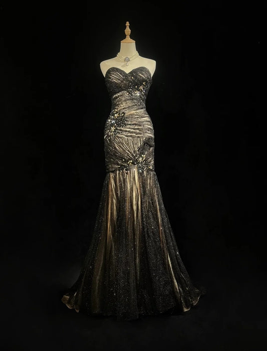 Charming Prom Dresses Mermaid Sweetheart Tulle Black Tie Dress With Beaded Long Formal Evening Outfits N3701