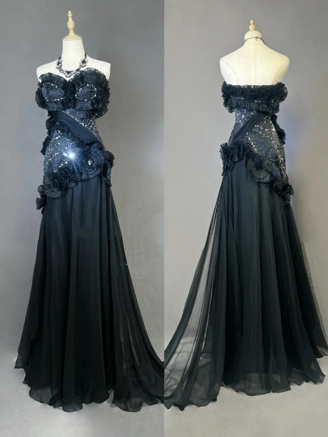 Vintage Prom Dresses Mermaid Sweetheart Black Tie Dress Chiffon With Beading 1980s Long Formal Gown N2621