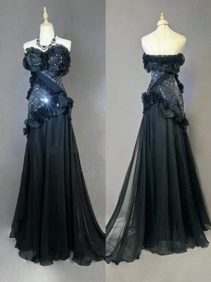Vintage Prom Dresses Mermaid Sweetheart Black Tie Dress Chiffon With Beading 1980s Long Formal Gown N2621