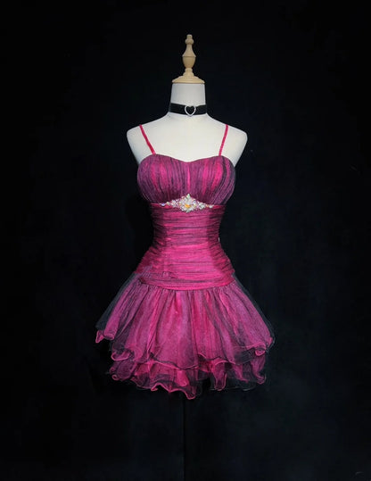 Unique Ball Gown Spaghetti Strap Hot Pink Mini Short Y2K Ideas Senior Homecoming Dresses Hoco Gowns N3092