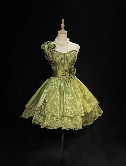 Pretty Ball Gown One Shoulder Olive Green Organza Short Mini Homecoming Dresses Hoco Gowns N2835