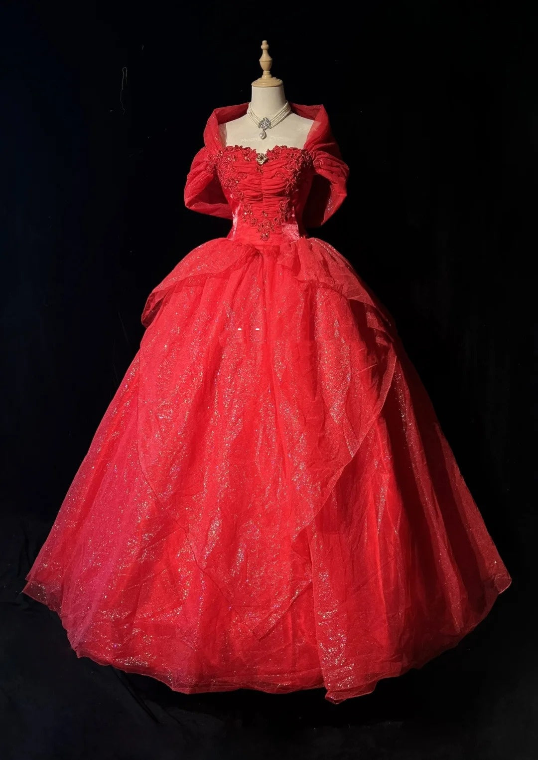 Princess Lace Strapless Red Sweet 16 Dress Ball Gown Formal Party Outfits Sweet Sixteen Dress RC0081