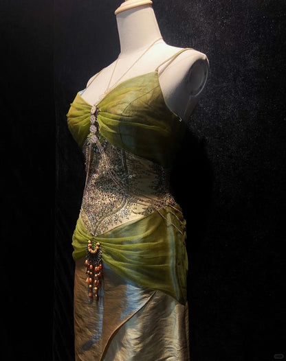 Modest Prom Dresses Inspo Mermaid Spaghetti Strap Green Chiffon With Beaded 80s Long Formal Gowns N3409