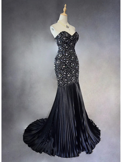 Vintage Prom Dresses 90s Mermaid Sweetheart Satin Black Tie With Silver Beading Ruffled Long Semi Formal Evening Dress N3671