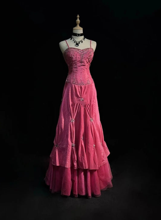 Vintage Prom Dresses A line Spaghetti Strap Taffeta Pink With Silver Beads 1950s Long Formal Gown N2595
