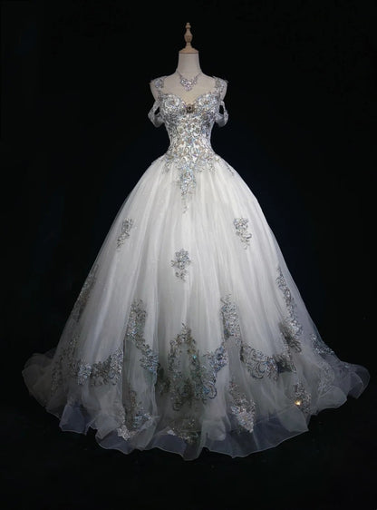 Princess Lace Straps White Appliques Sweet 16 Dress Ball Gown Formal Party Outfits Sweet Sixteen Dress RC0088