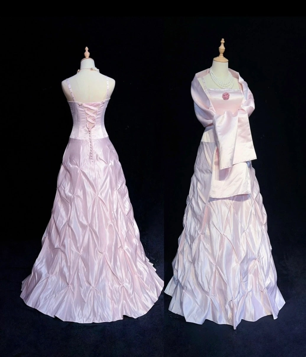 Vintage Prom Dresses 1950s Retro Classy A line Spaghetti Strap Pink Evening Outfits With Cape N3003