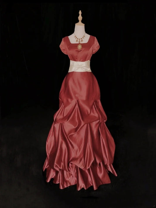 Vintage Prom Dresses 80s Ball Gown Square Neck Rust Red Satin Short Sleeves With Ruffled Semi Formal Evening Outfits N3625