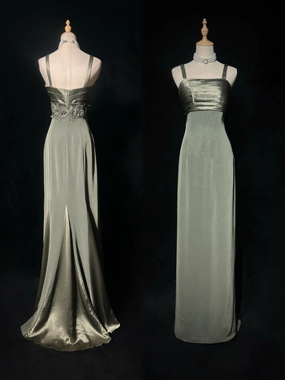 Vintage Prom Dresses A Line Spaghetti Strap Green Satin With Beading Long Formal Dress N2503