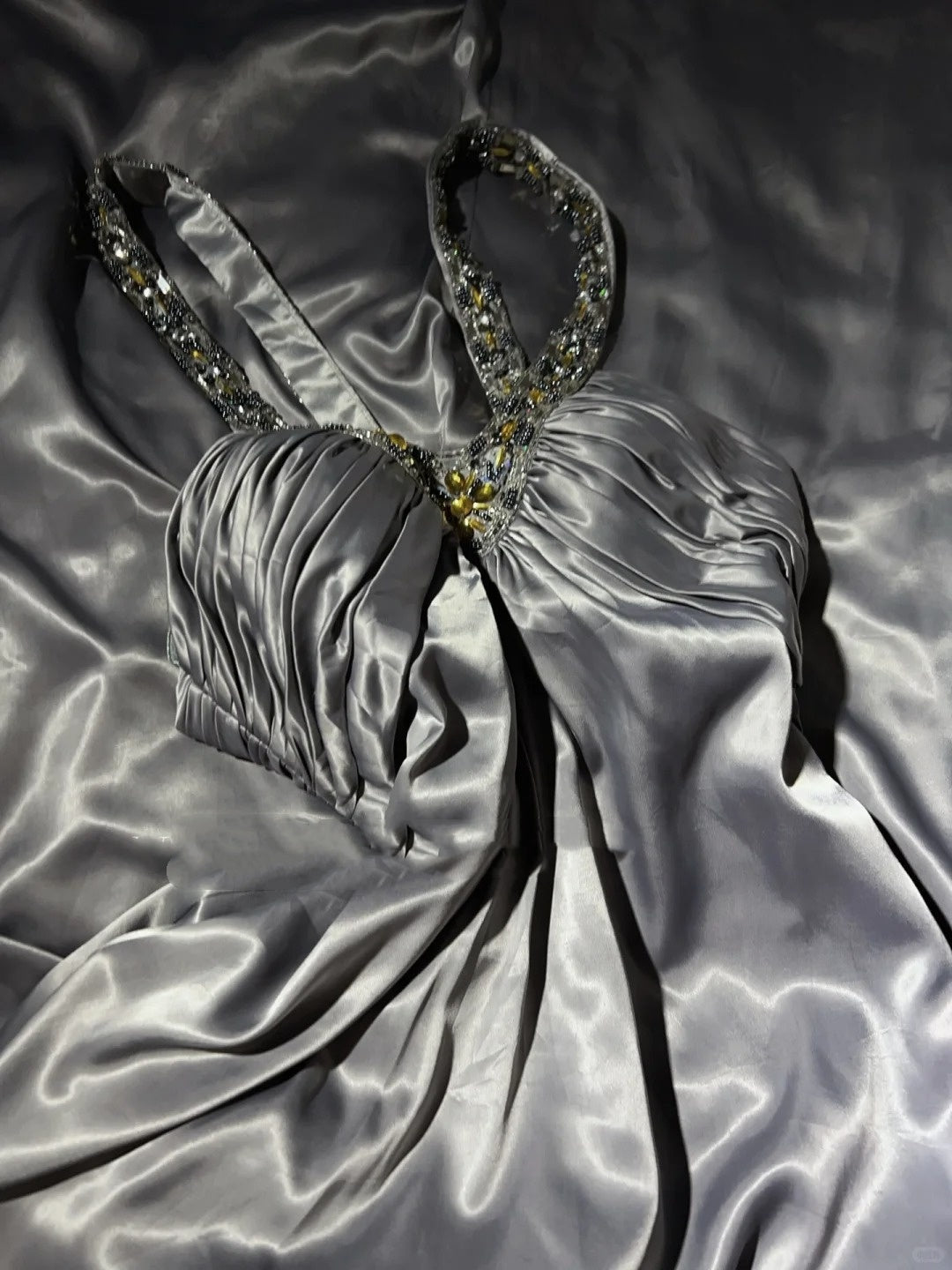 Vintage Prom Dresses Inspo A Line Halter Grey Long 1990s With Gold Beading Formal Gowns N3326