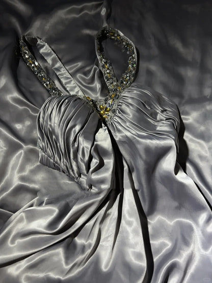 Vintage Prom Dresses Inspo A Line Halter Grey Long 1990s With Gold Beading Formal Gowns N3326