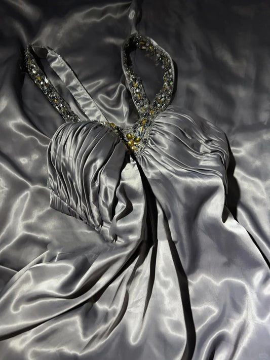 Vintage Prom Dresses Inspo A Line Halter Grey Long 1990s With Gold Beading Formal Gowns N3326