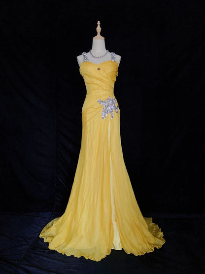 Beautiful Prom Dresses Mermaid Spaghetti Strap Yellow Chiffon With Beading Long Evening Outfits N3325