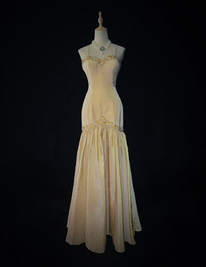 Vintage Prom Dresses Inspo Mermaid Spaghetti Strap Yellow Taffeta Long 1990s With Beading Formal Gowns N3328