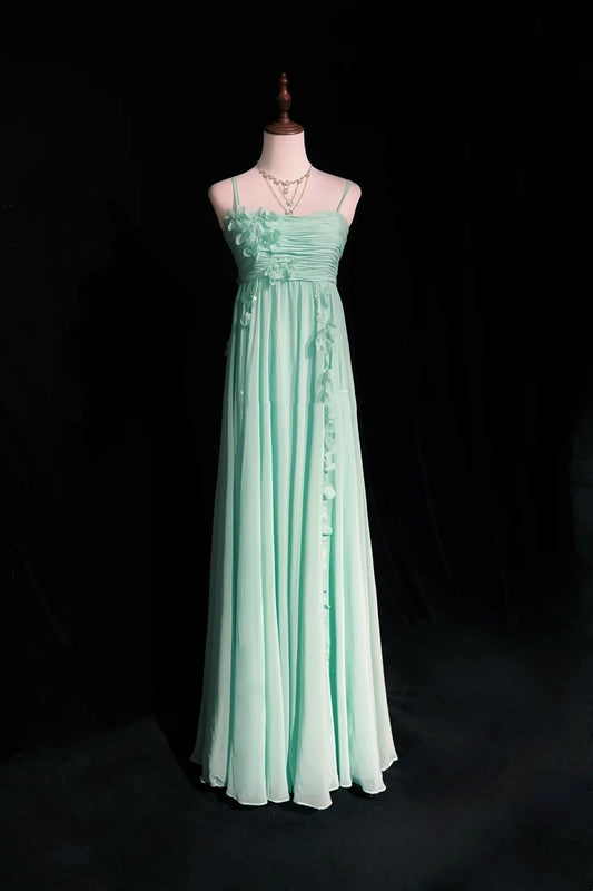 Vintage Prom Dresses A line Spaghetti Strap Mint Green Chiffon Sleeveless 1980s Long Formal Evening Gown N2630