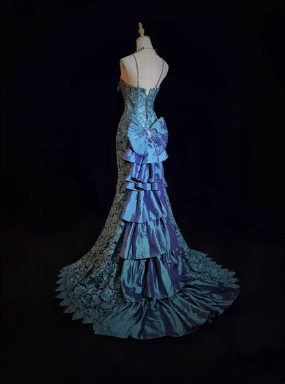 Vintage Prom Dresses Mermaid Spaghetti Strap Lace With Bow-knot 90s Long Formal Gown N2893