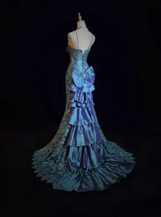 Vintage Prom Dresses Mermaid Spaghetti Strap Lace With Bow-knot 90s Long Formal Gown N2893