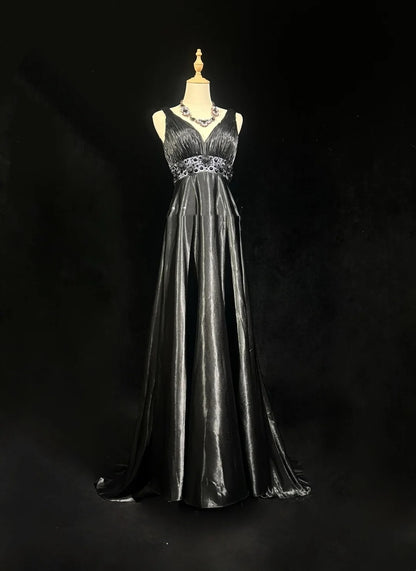 Vintage Prom Dresses A line Empire Black Satin With Beading 1980s Long Formal Gown N2624