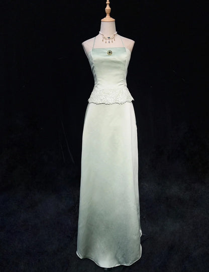 Modest Prom Dresses Inspo A line Halter Light Sage Green Satin With Lace For Women Formal Dress N3225