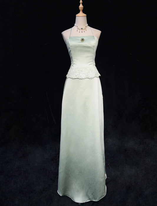 Modest Prom Dresses Inspo A line Halter Light Sage Green Satin With Lace For Women Formal Dress N3225