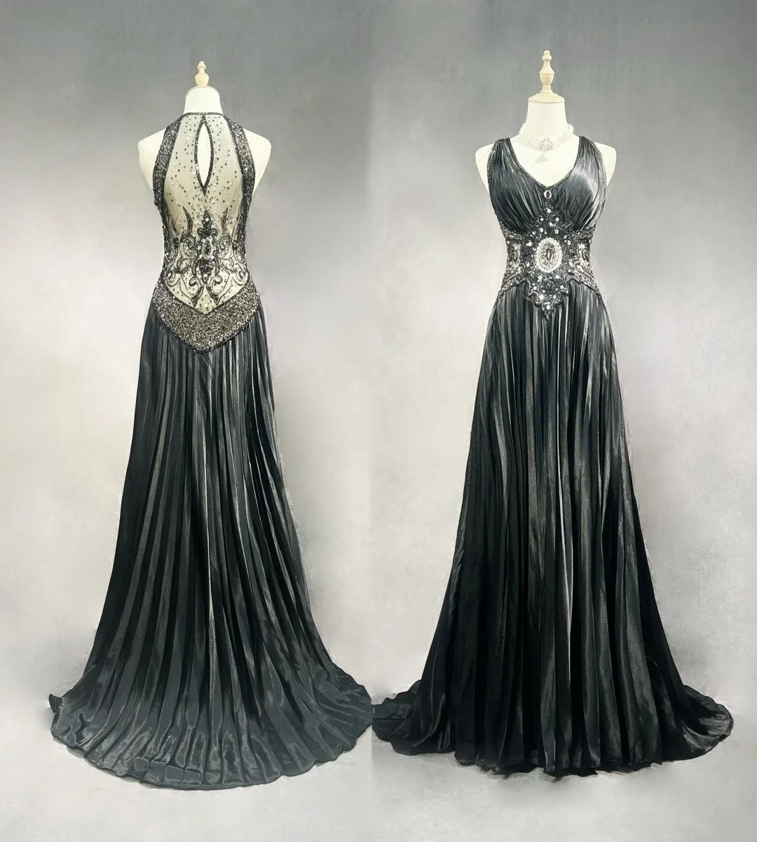 Vintage Prom Dresses A line V Neck Black Tie Dress Beaded 90s Long Formal Evening Gown N2652