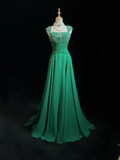 Vintage Prom Aesthetic Dresses A line Strapless Green Chiffon With Beading Long Formal Dress N3027