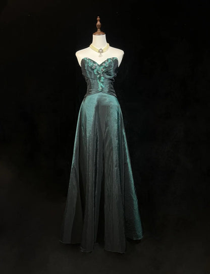 Vintage Prom Dresses Aesthetic 80s Retro A Line Sweetheart Dark Green Floor Length Evening Outfits N2324