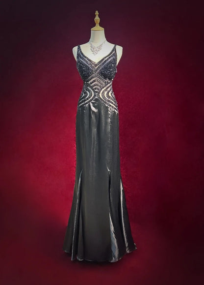 Black Prom Dress Inspo Mermaid Spaghetti Straps Satin With Beading Long Formal Party Gown RC0090