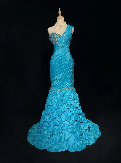 Vintage Prom Dresses Mermaid One Shoulder Retro Style Blue Taffeta With Beaded 90s Long Evening Gown N2905