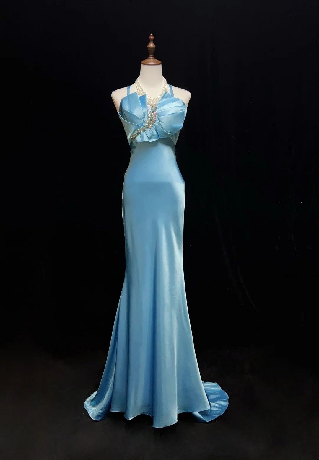 Classy Prom Dresses Mermaid Halter Floor Length Tiffany Blue Satin Formal Evening Dress N3698