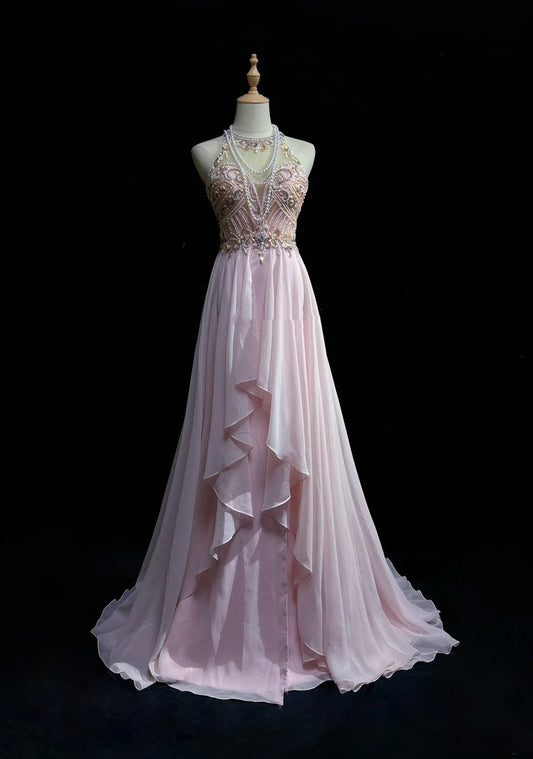 Vintage Prom Aesthetic Dresses A Line Jewel Pearl Pink Chiffon With Beading Long Formal Dress N3033