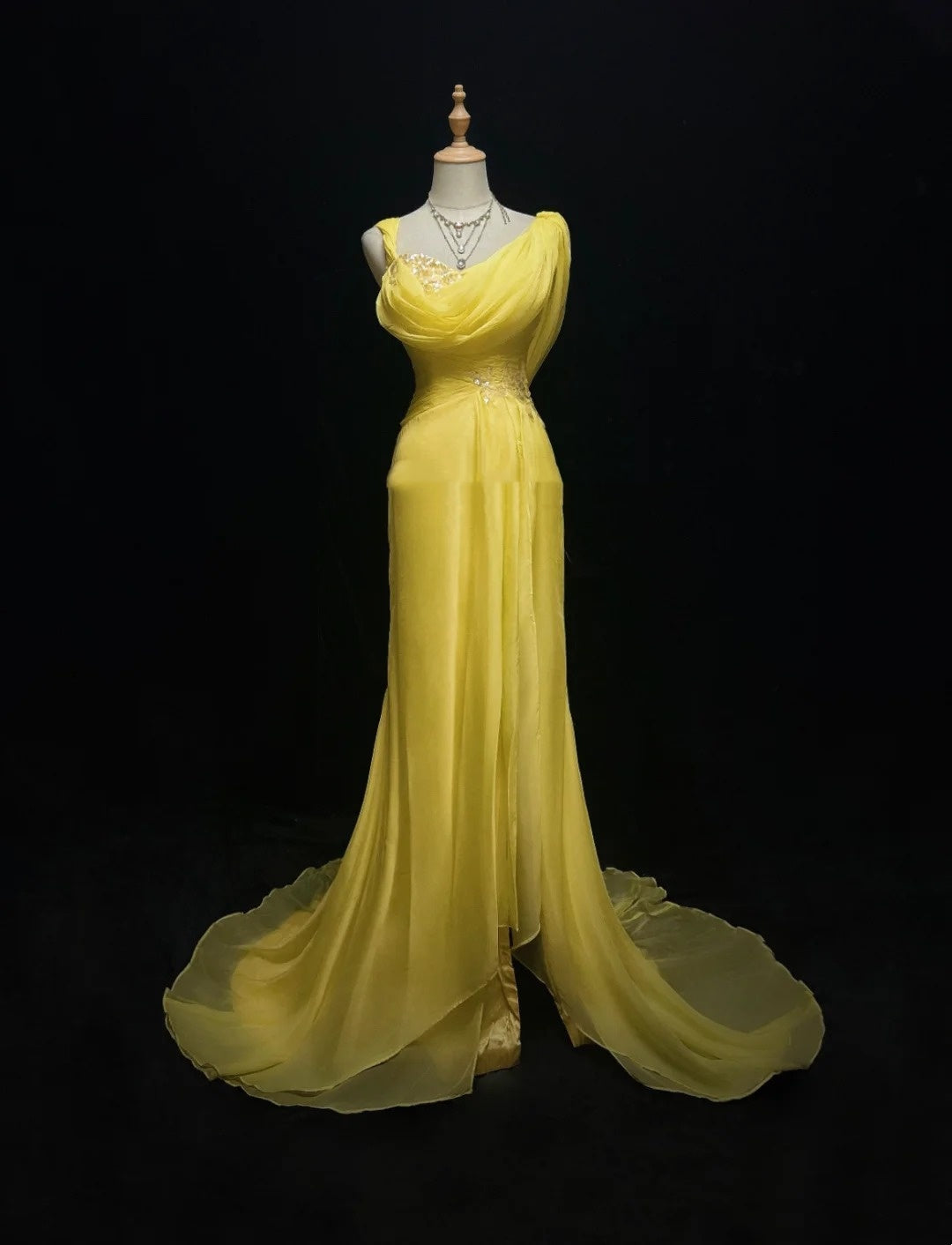 Vintage Prom Dresses Mermaid Yellow Chiffon With Appliqued 80s Long Formal Gown N2733