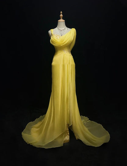 Vintage Prom Dresses Mermaid Yellow Chiffon With Appliqued 80s Long Formal Gown N2733
