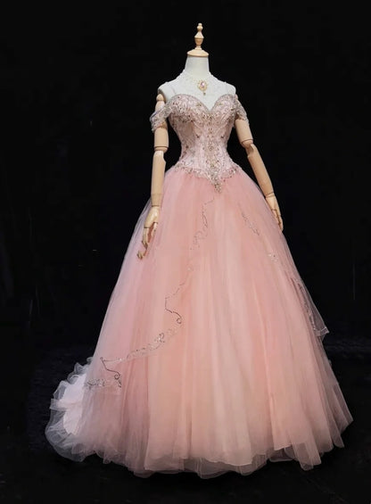 Princess Prom Dresses Inspo Ball Gown Pink Tulle Long With Beading Formal Gowns N3392