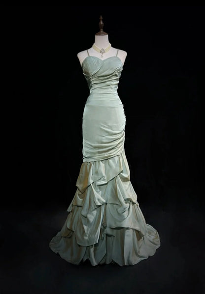 Vintage 1980s Prom Dresses Mermaid Spaghetti Strap Floor Length Light Green Long Formal Party Dress N2534
