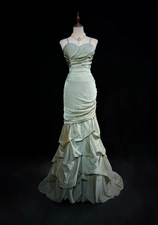 Vintage 1980s Prom Dresses Mermaid Spaghetti Strap Floor Length Light Green Long Formal Party Dress N2534
