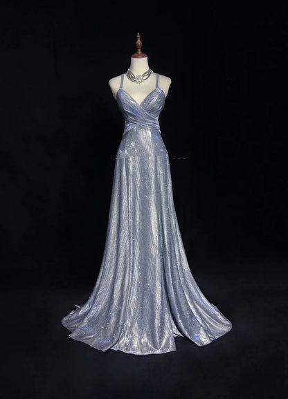 Vintage Prom Dresses 1960s A Line Spaghetti Strap Lilac Backless Sequined With Ruffled Long Prom Gown N3113