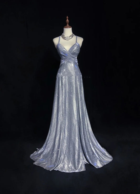 Vintage Prom Dresses 1960s A Line Spaghetti Strap Lilac Backless Sequined With Ruffled Long Prom Gown N3113