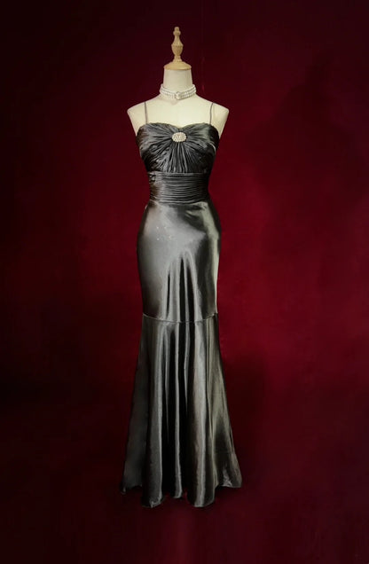 Vintage Prom Dresses Mermaid Spaghetti Strap Satin Black With Ruffles Long Formal Dress N2497