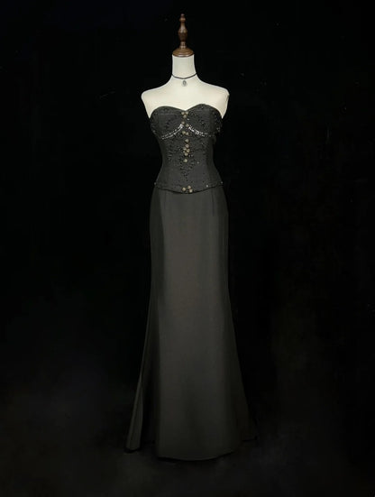 Vintage Prom Dresses Mermaid Sweetheart Black Tie Gown 80s Satin Evening Formal Dress RB3263