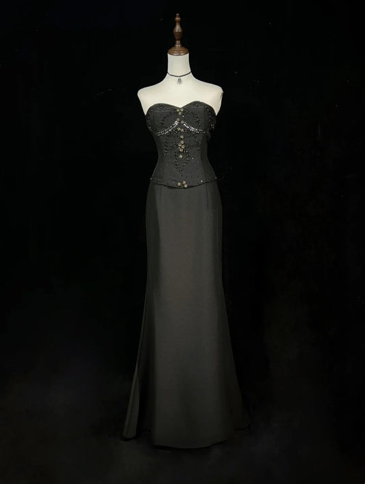 Vintage Prom Dresses Mermaid Sweetheart Black Tie Gown 80s Satin Evening Formal Dress RB3263