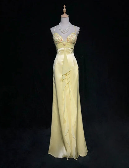 Stunning Prom Dresses Mermaid Spaghetti Strap Yellow Sleeveless Chiffon Long Formal Gown N2870